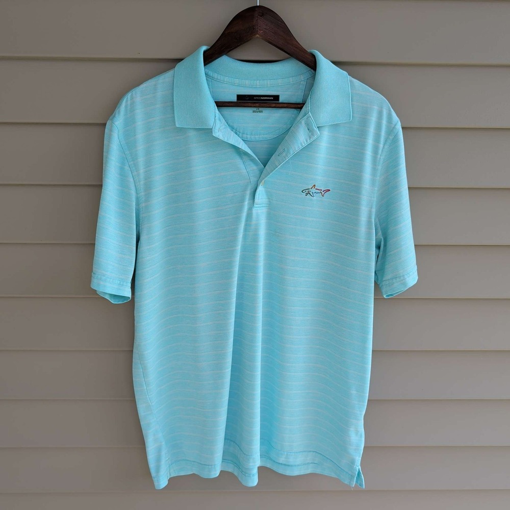 Greg Norman Polo Shirt Mens Large Blue Striped Play Dry Short Sleeve Golf Top